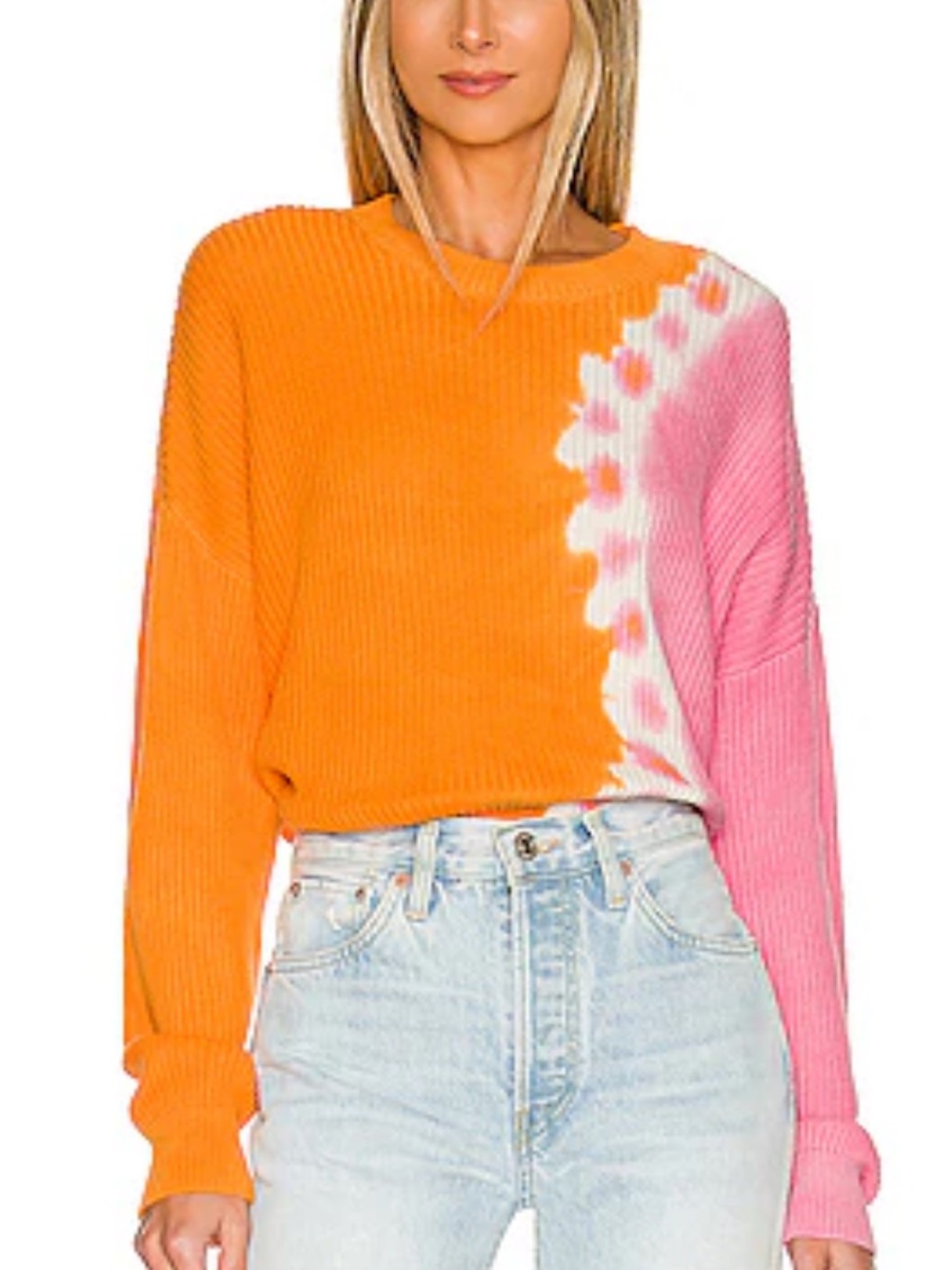 pistola Colorblock Cropped Crewneck Sweater in Orange, Pink & White